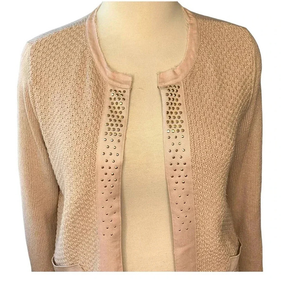 Chico's Embellished Metallic Open Front Knit Cardigan Sweater Women Size L Pink - Picture 4 of 16
